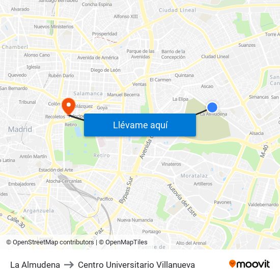 La Almudena to Centro Universitario Villanueva map