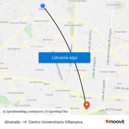 Alvarado to Centro Universitario Villanueva map