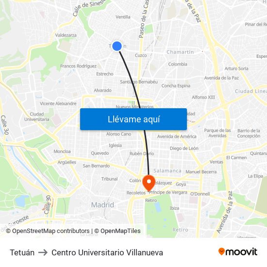 Tetuán to Centro Universitario Villanueva map