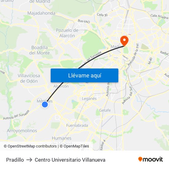 Pradillo to Centro Universitario Villanueva map