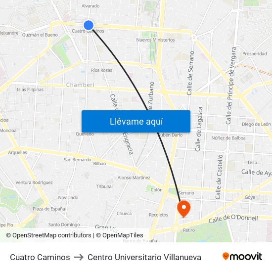 Cuatro Caminos to Centro Universitario Villanueva map