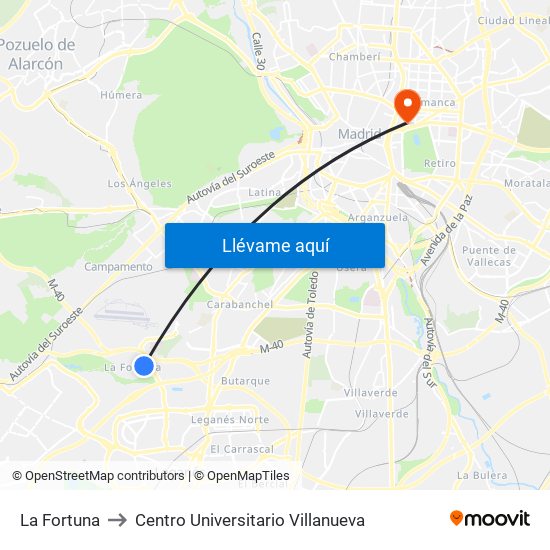La Fortuna to Centro Universitario Villanueva map