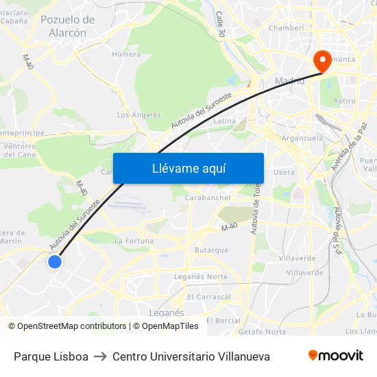Parque Lisboa to Centro Universitario Villanueva map