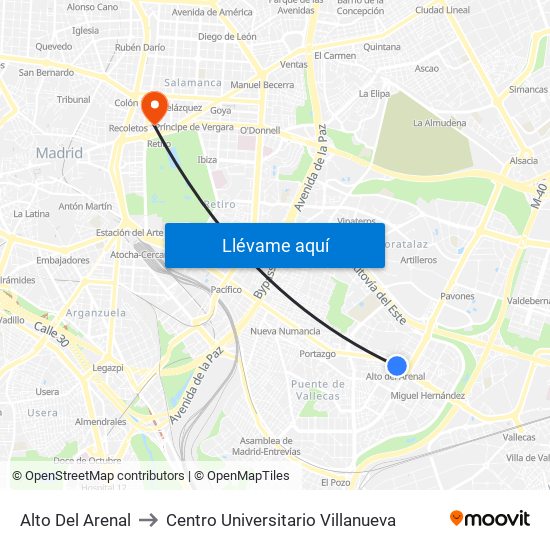 Alto Del Arenal to Centro Universitario Villanueva map