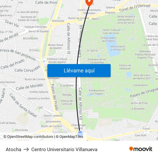 Atocha to Centro Universitario Villanueva map