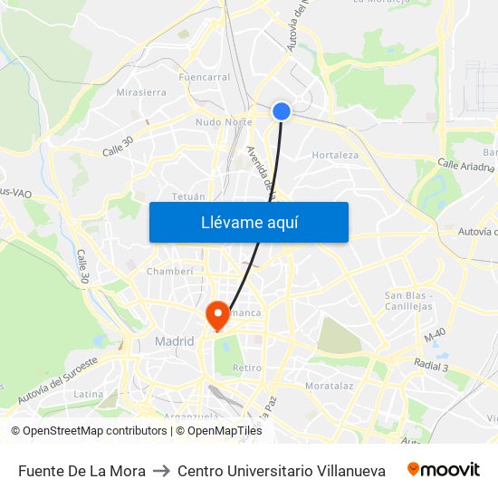 Fuente De La Mora to Centro Universitario Villanueva map