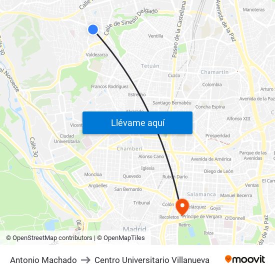 Antonio Machado to Centro Universitario Villanueva map