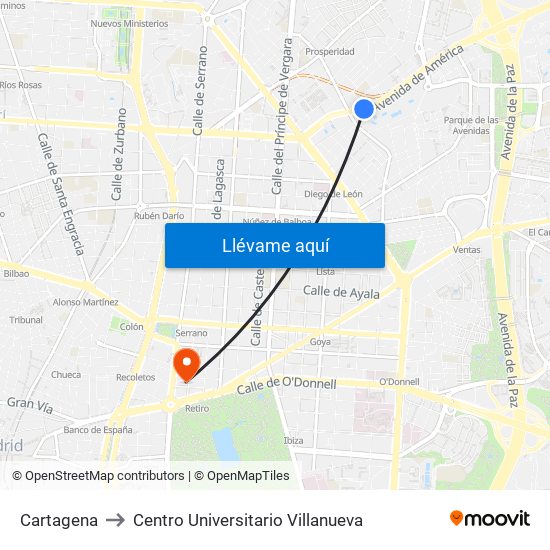 Cartagena to Centro Universitario Villanueva map