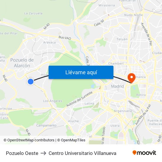 Pozuelo Oeste to Centro Universitario Villanueva map