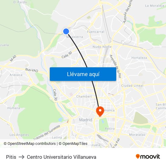 Pitis to Centro Universitario Villanueva map