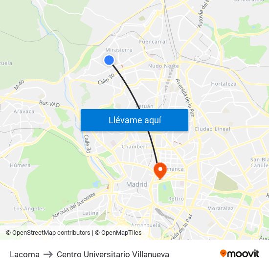 Lacoma to Centro Universitario Villanueva map