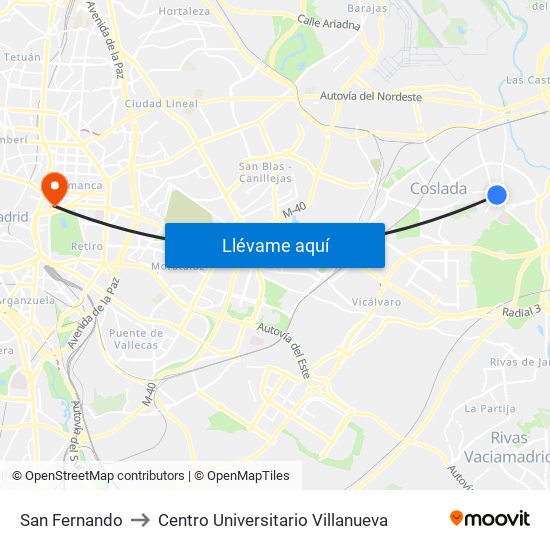 San Fernando to Centro Universitario Villanueva map