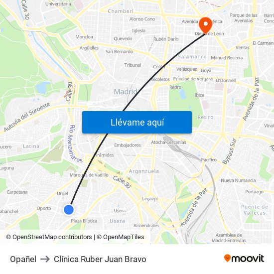 Opañel to Clínica Ruber Juan Bravo map