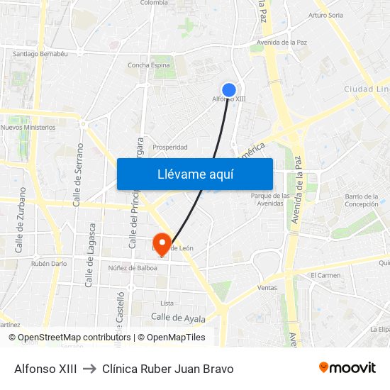 Alfonso XIII to Clínica Ruber Juan Bravo map