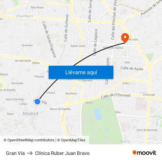 Gran Vía to Clínica Ruber Juan Bravo map