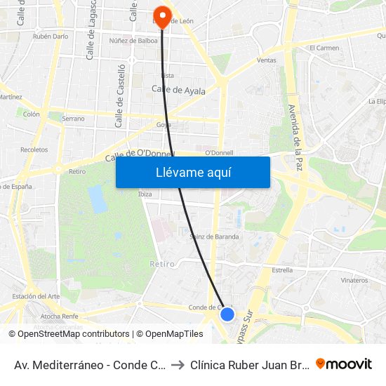 Av. Mediterráneo - Conde Casal to Clínica Ruber Juan Bravo map