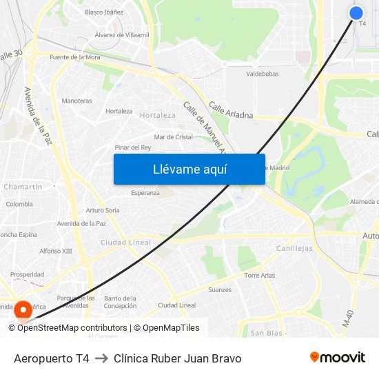 Aeropuerto T4 to Clínica Ruber Juan Bravo map