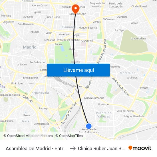 Asamblea De Madrid - Entrevías to Clínica Ruber Juan Bravo map