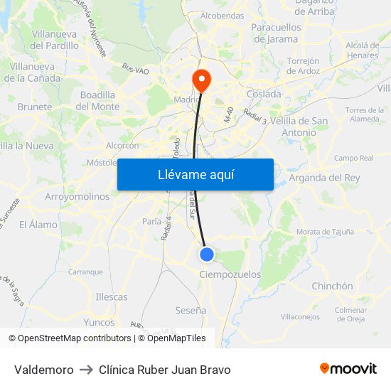 Valdemoro to Clínica Ruber Juan Bravo map