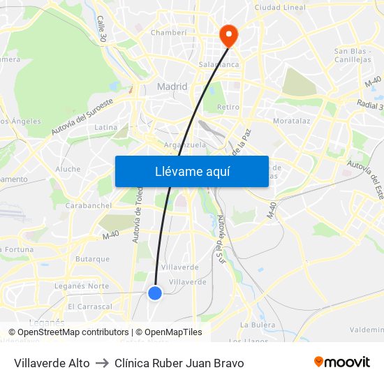 Villaverde Alto to Clínica Ruber Juan Bravo map