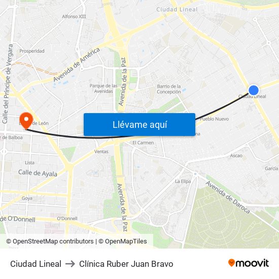 Ciudad Lineal to Clínica Ruber Juan Bravo map