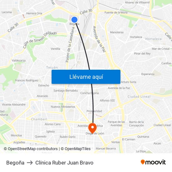 Begoña to Clínica Ruber Juan Bravo map