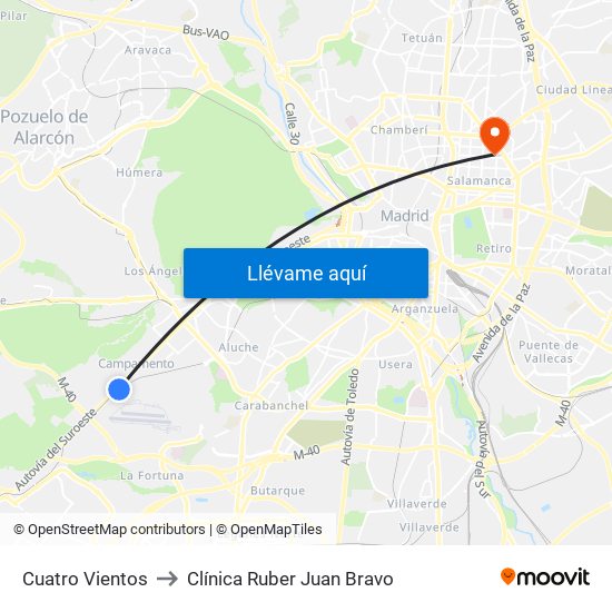 Cuatro Vientos to Clínica Ruber Juan Bravo map