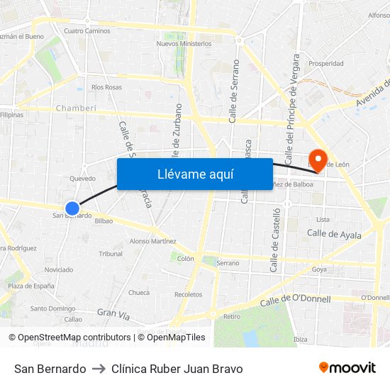 San Bernardo to Clínica Ruber Juan Bravo map