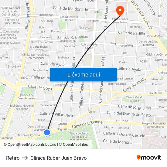 Retiro to Clínica Ruber Juan Bravo map