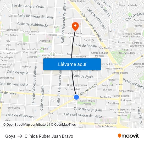 Goya to Clínica Ruber Juan Bravo map