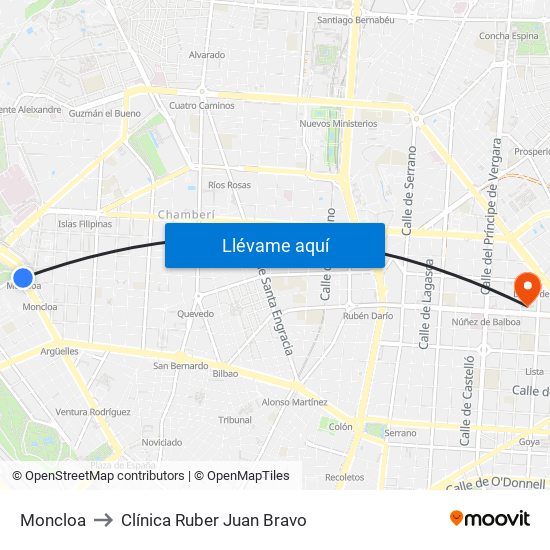 Moncloa to Clínica Ruber Juan Bravo map