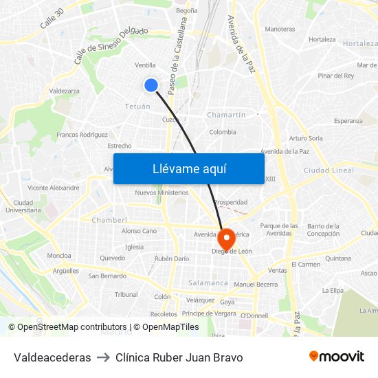 Valdeacederas to Clínica Ruber Juan Bravo map