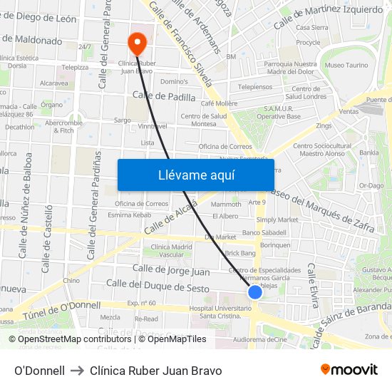 O'Donnell to Clínica Ruber Juan Bravo map