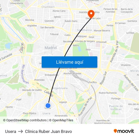 Usera to Clínica Ruber Juan Bravo map