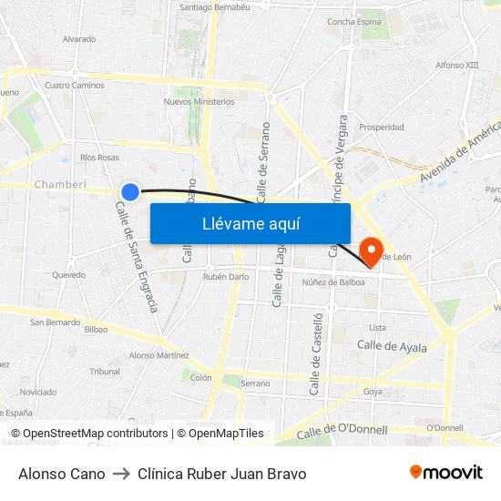 Alonso Cano to Clínica Ruber Juan Bravo map