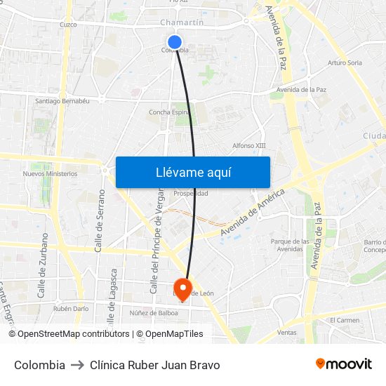 Colombia to Clínica Ruber Juan Bravo map