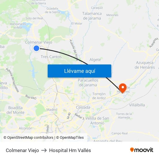 Colmenar Viejo to Hospital Hm Vallés map