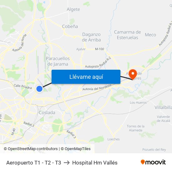 Aeropuerto T1 - T2 - T3 to Hospital Hm Vallés map