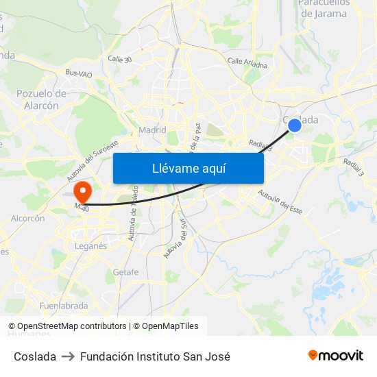 Coslada to Fundación Instituto San José map