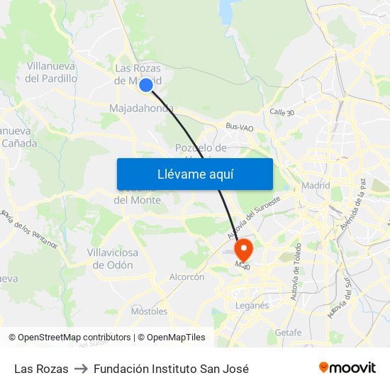 Las Rozas to Fundación Instituto San José map