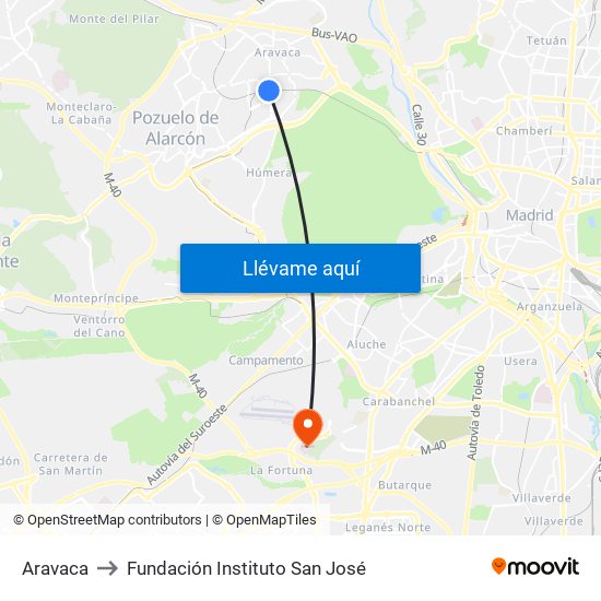 Aravaca to Fundación Instituto San José map