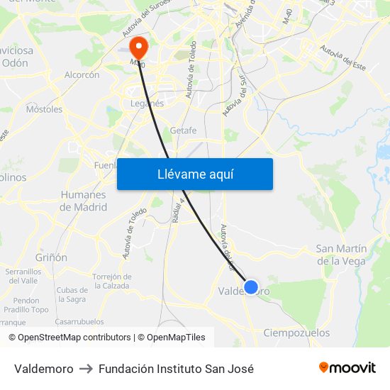 Valdemoro to Fundación Instituto San José map