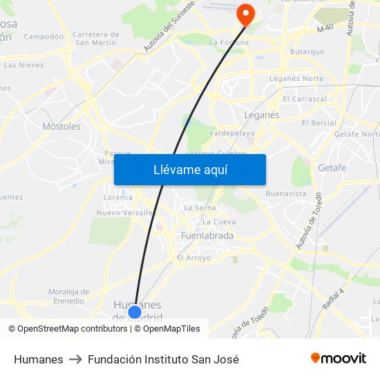 Humanes to Fundación Instituto San José map