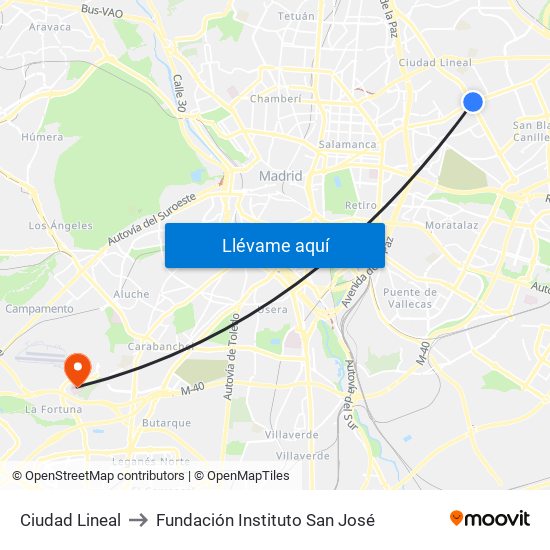 Ciudad Lineal to Fundación Instituto San José map