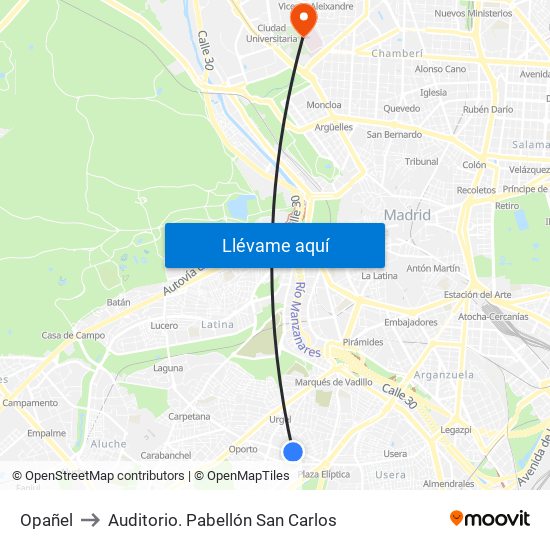 Opañel to Auditorio. Pabellón San Carlos map