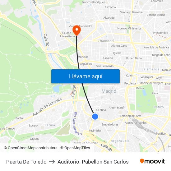 Puerta De Toledo to Auditorio. Pabellón San Carlos map
