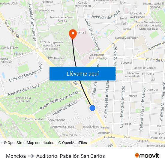 Moncloa to Auditorio. Pabellón San Carlos map