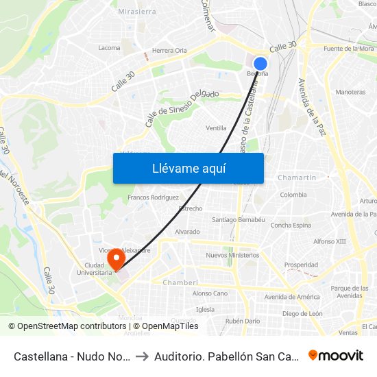 Castellana - Nudo Norte to Auditorio. Pabellón San Carlos map