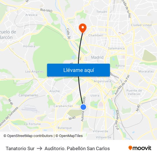 Tanatorio Sur to Auditorio. Pabellón San Carlos map
