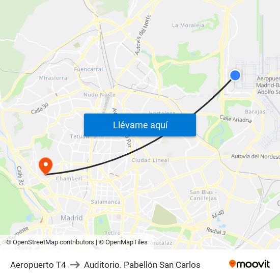 Aeropuerto T4 to Auditorio. Pabellón San Carlos map